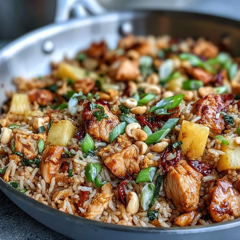 Close-up of a steaming bowl of Hawaiian pineapple chicken fried rice, garnished with green onions and roasted cashews.  