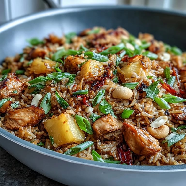 Hawaiian pineapple chicken fried rice served in a pineapple boat, showcasing tropical flavors and vibrant colors.