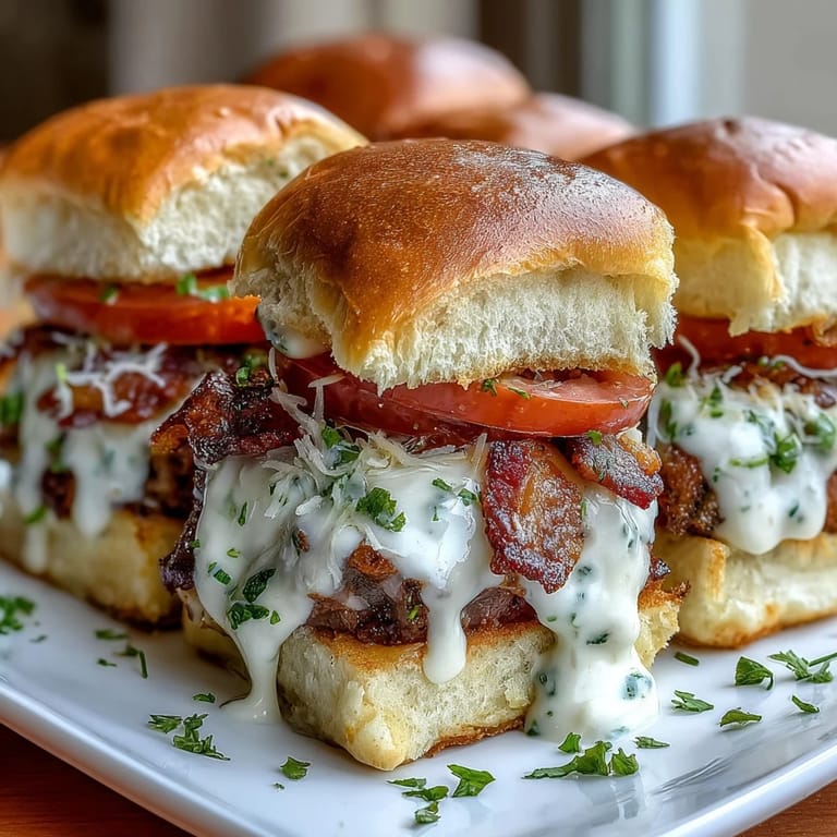 Miniature Hot Brown sliders layered with juicy turkey, crispy bacon, and rich cheese sauce, perfect for Kentucky Derby celebrations or casual gatherings.