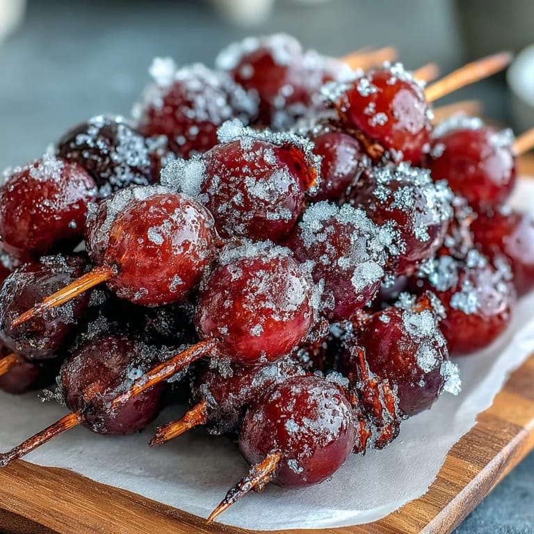 Sweet-tart frozen grape skewers sparkle with lime sugar, offering a bright, icy bite that's easy and fun.