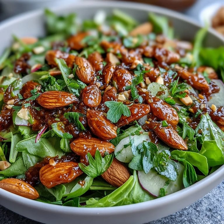 Colorful spring green salad with honey mustard dressing, topped with crunchy toasted almonds for texture and flavor.  