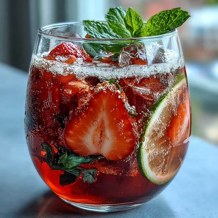 Refreshing strawberry lemon mocktail with sliced berries, lemon wedges, and sparkling bubbles.