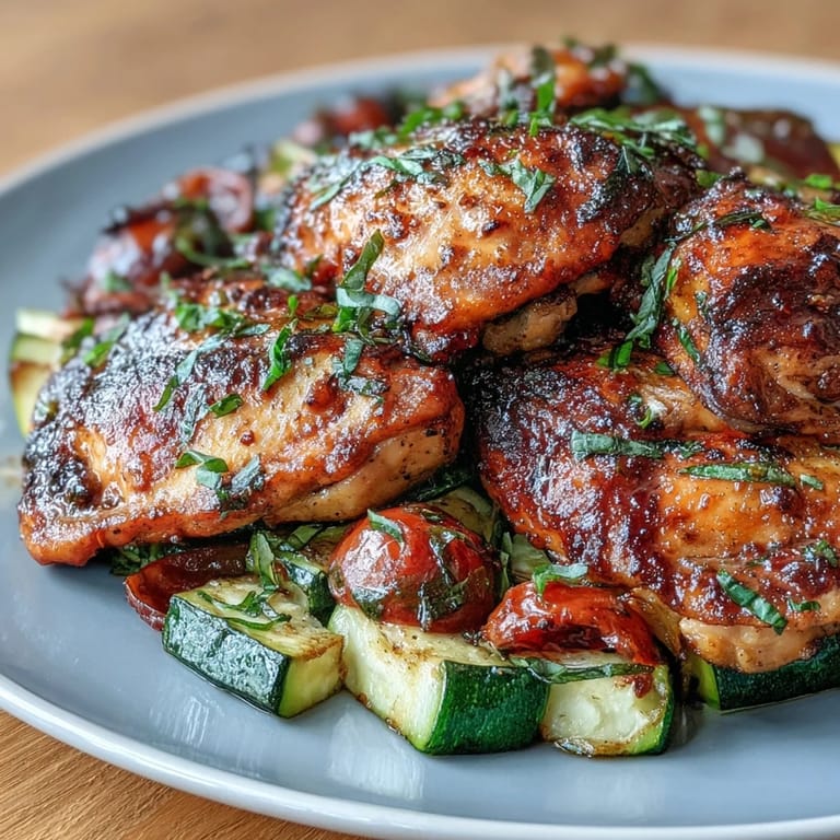 Vibrant spring sheet pan dinner with tender chicken, roasted zucchini, and burst cherry tomatoes, ideal for weeknight cooking.