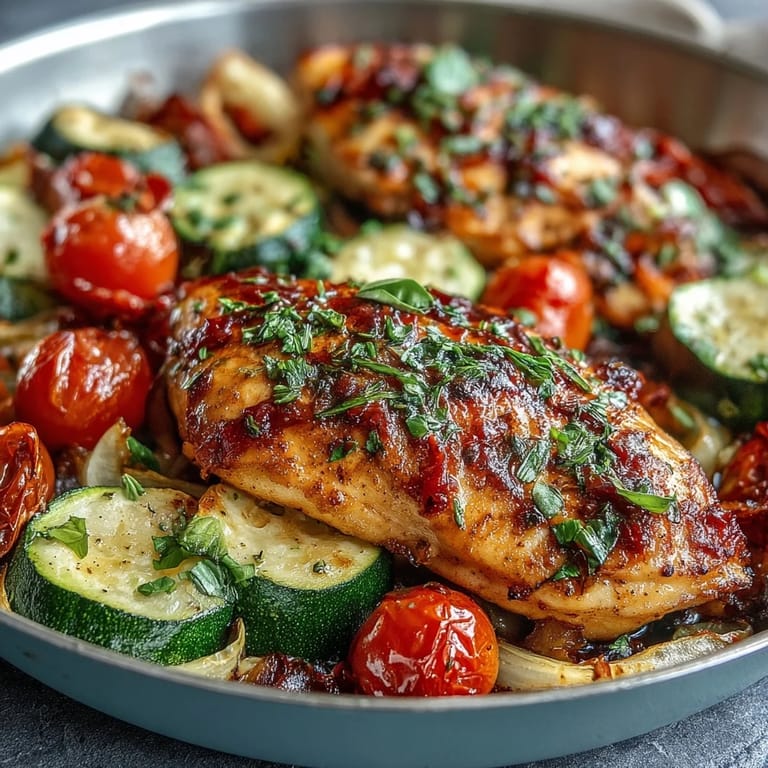 Easy sheet pan chicken with zucchini and sweet cherry tomatoes, bursting with fresh flavors and ready in under an hour.