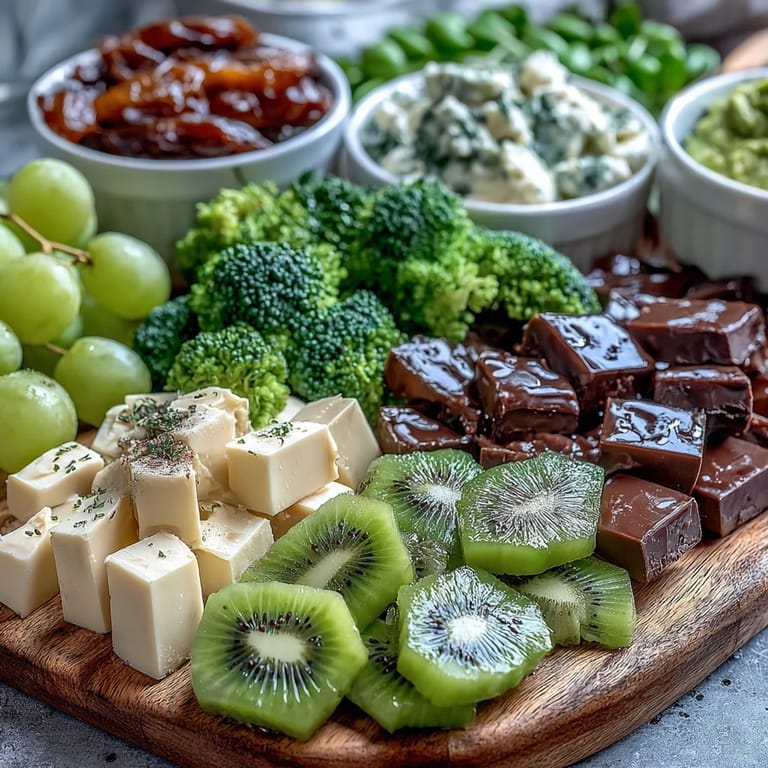 Colorful St. Patrick's Day green snack board with fresh produce, cheeses, dips, and sweet treats for sharing.