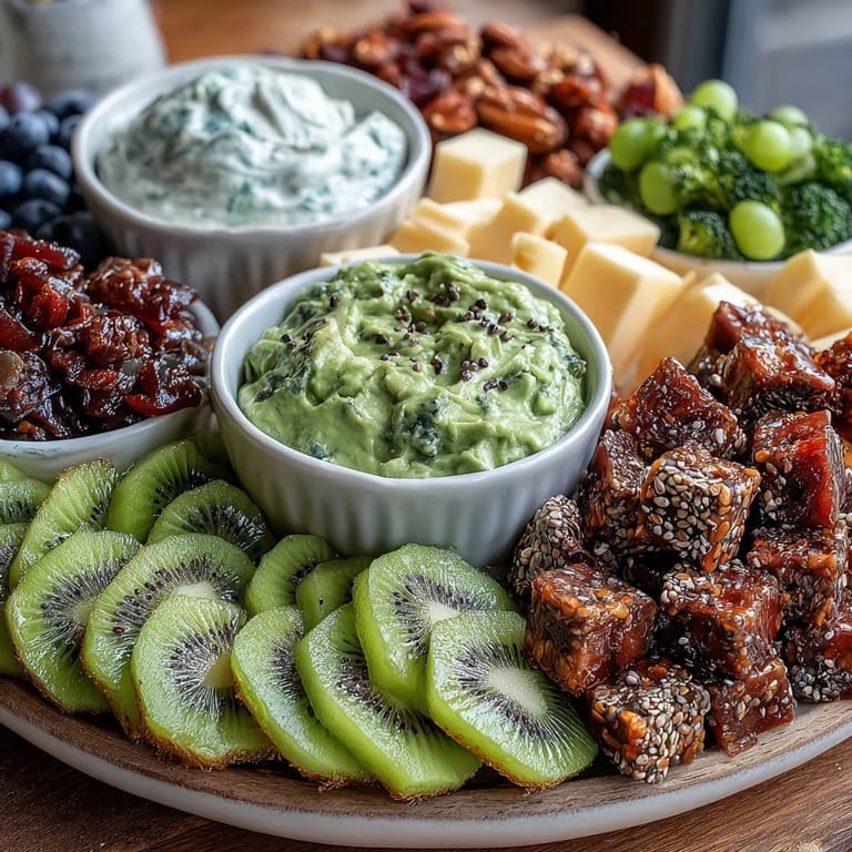 Festive St. Patrick's Day green food board featuring fresh fruits, vegetables, cheeses, and savory snacks arranged artfully.  