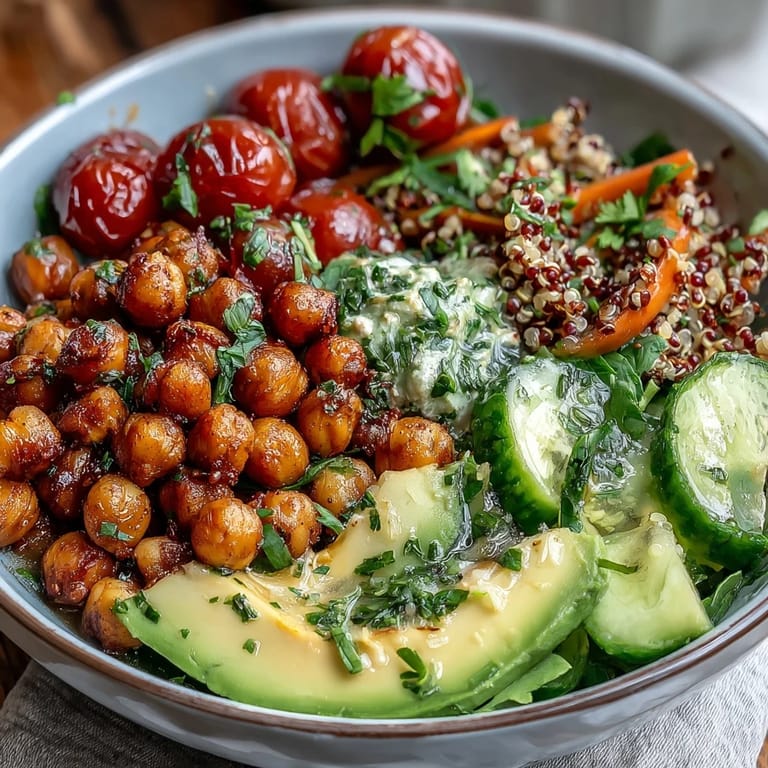 Roasted chickpea and quinoa bowls drizzled with tangy lemon vinaigrette for a fresh, Mediterranean-inspired meal.  