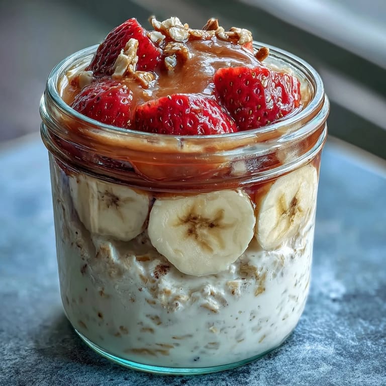 Naturally sweet strawberry banana chia overnight oats, topped with vibrant strawberries and banana for a healthy, make-ahead morning meal.