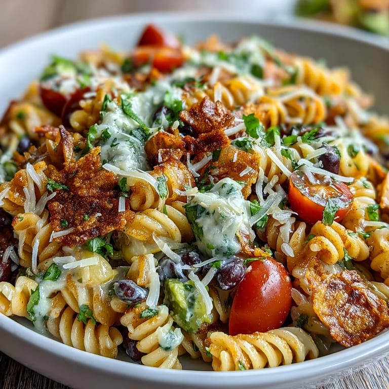 Creamy Easy Taco Pasta Salad featuring rotini pasta, fresh cilantro, and zesty lime dressing—ideal for sharing at parties.