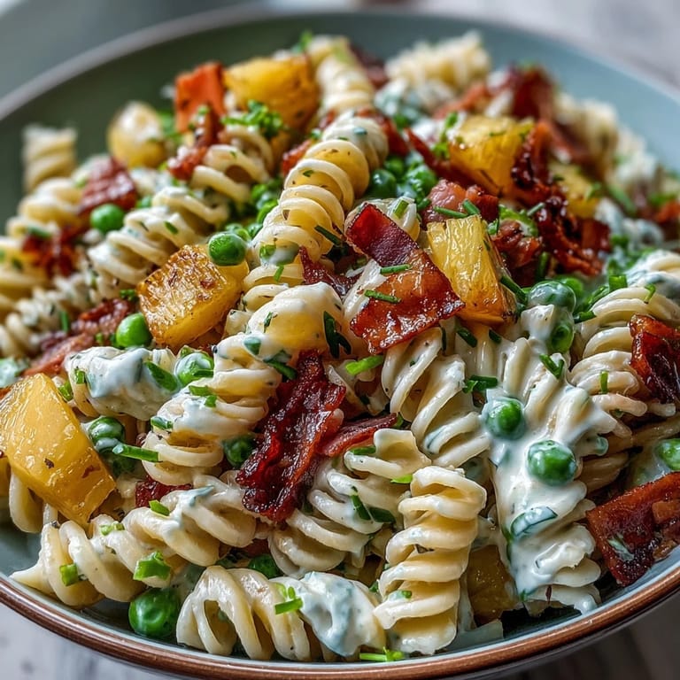 Creamy Hawaiian Pasta Salad with Ham, Pineapple, and Ranch, perfect for summer picnics or potluck gatherings.