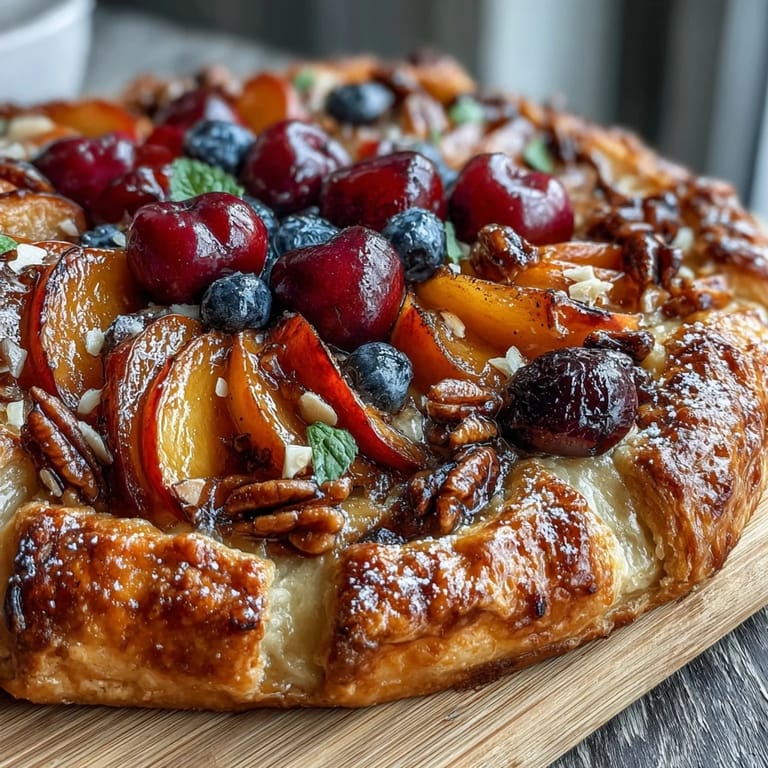 Flaky pastry galette bursting with ripe stone fruits and rich frangipane, a stunning summer dessert centerpiece.