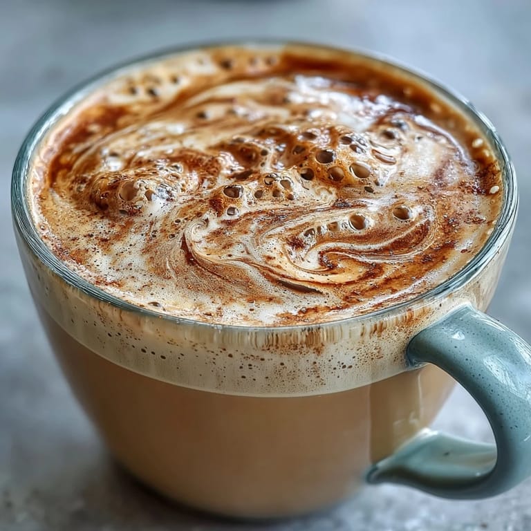 Warm dandelion tea latte with oat milk and vanilla, sprinkled with cinnamon for a soothing caffeine-free beverage.