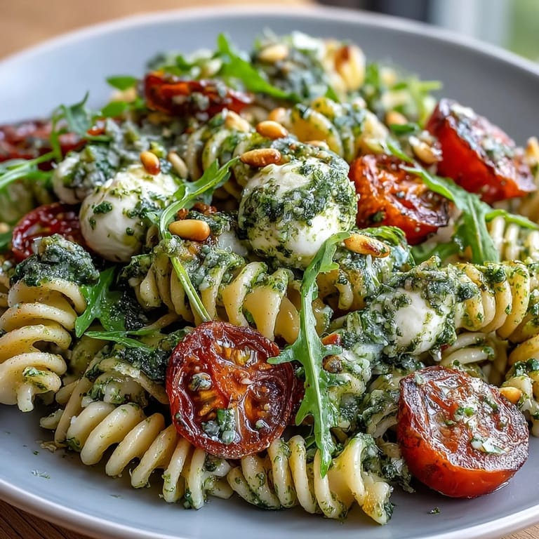 Light and refreshing pasta salad with pesto, sweet cherry tomatoes, and soft mozzarella, ideal for a quick vegetarian lunch.
