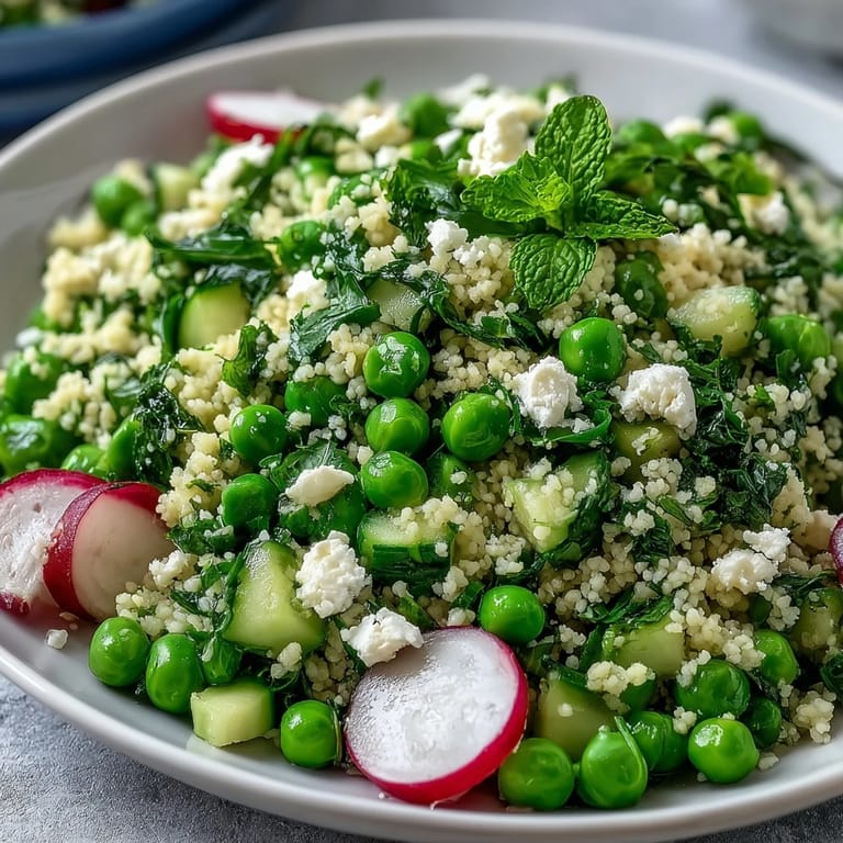 Vibrant Spring Pea and Mint Couscous Salad featuring tender peas, aromatic mint, and crisp cucumber in a zesty lemon dressing. Ideal for Easter brunch.