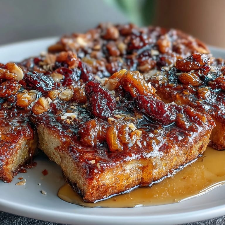 Layers of toasted bolillo bread soaked in piloncillo syrup, topped with raisins, nuts, and cheese in a glass baking dish.