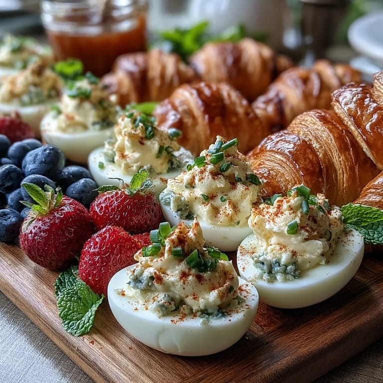 Colorful Easter brunch platter featuring classic deviled eggs, seasonal berries, and mini croissants—perfect for spring celebrations.