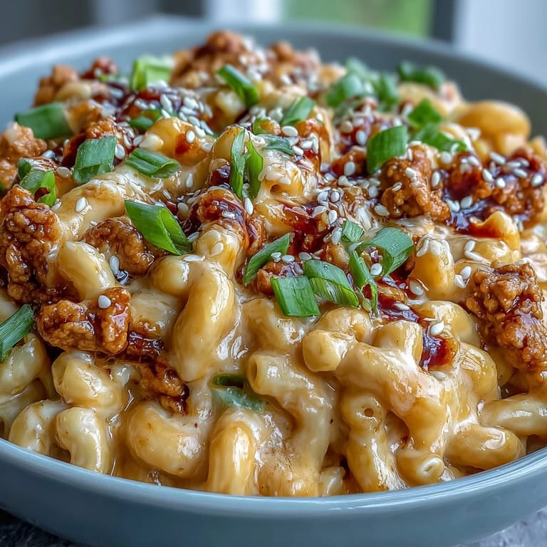 Fusion Korean-Style Turkey Mac & Cheese served hot with toasted sesame seeds and sliced scallions.