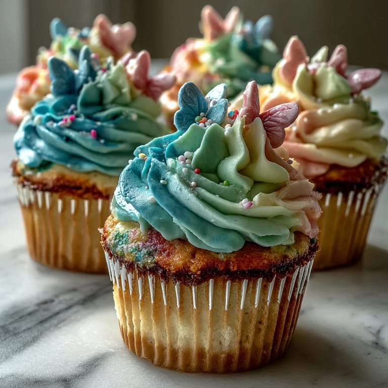 Spring cupcakes with pastel buttercream and edible butterfly decorations, ideal for Easter or garden parties.