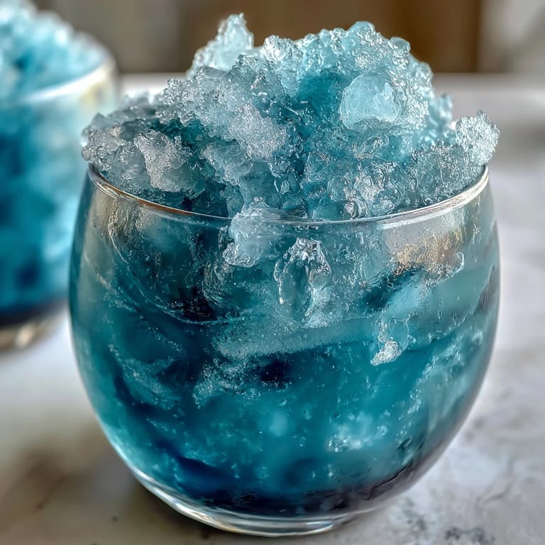 Vibrant blue raspberry lemonade slushie, icy and tangy, garnished with mint leaves and lemon wedges for a perfect summer drink.
