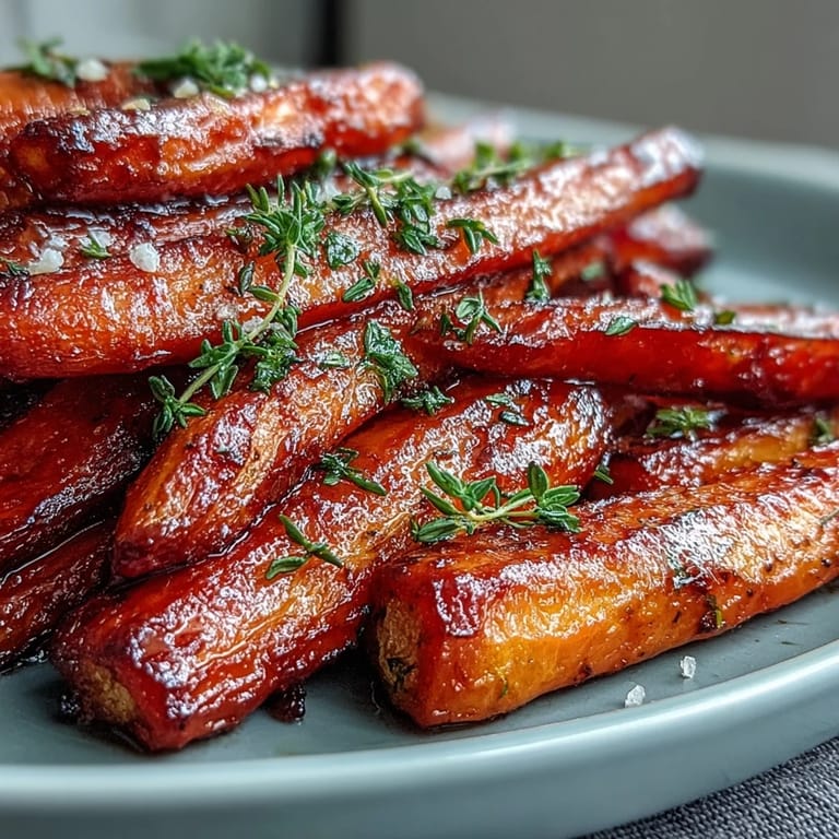 Aromatic honey glazed carrots roasted to perfection, their vibrant orange color accented by fresh thyme leaves for a delightful spring side.