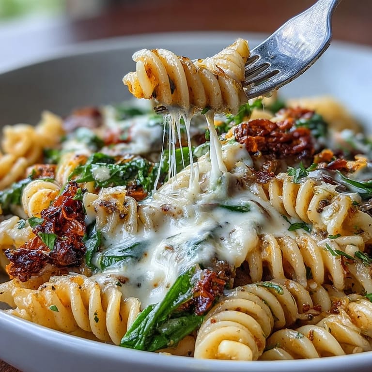 Easy One-Pot Tuscan Pasta featuring al dente pasta, baby spinach, and sun-dried tomatoes simmered in broth.