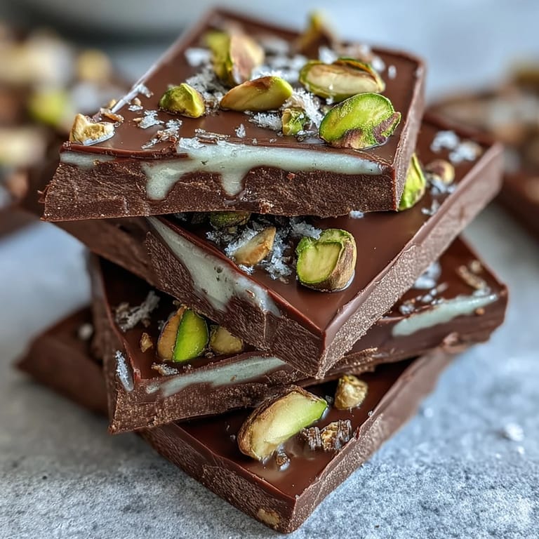 Middle Eastern-inspired chocolate bark with crunchy kataifi, creamy pistachio filling, and elegant rose petal garnish.