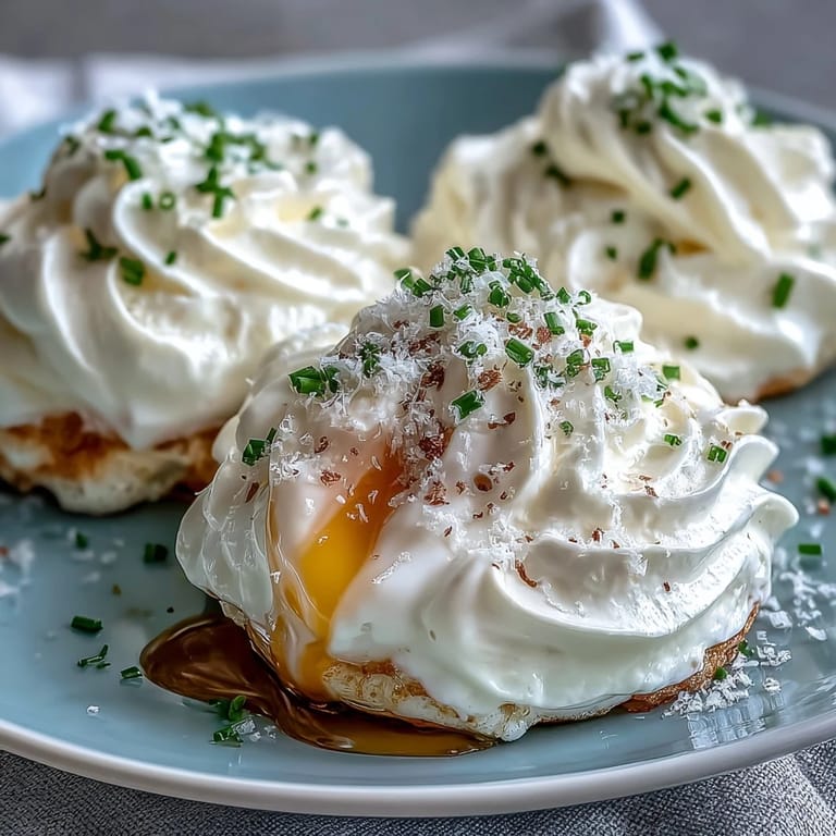 Whipped egg whites baked into cloud-like mounds, topped with just-set yolks for a light and airy breakfast treat.
