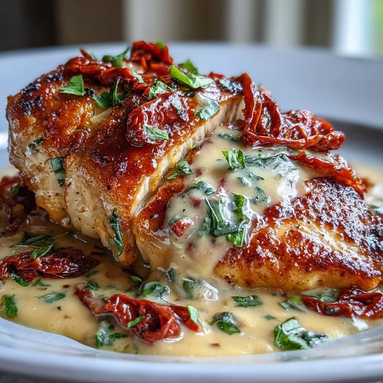 Irresistible Marry Me Chicken featuring seared chicken breasts in a luscious herb-infused cream sauce with vibrant sun-dried tomatoes.