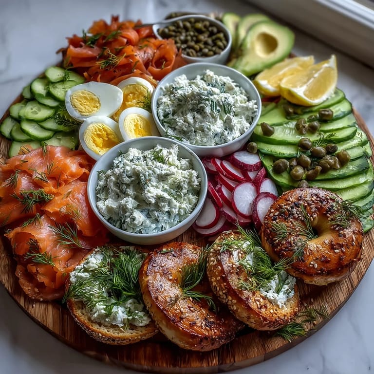 2. Elegant smoked salmon bagel board featuring silky salmon slices, ripe avocado, and assorted toppings for a festive brunch.  