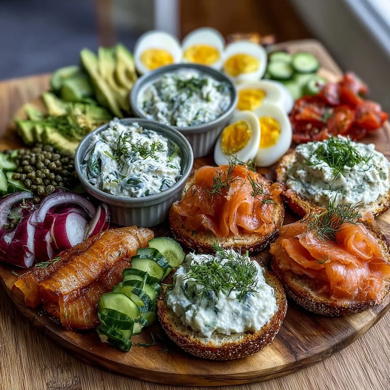 3. Impressive smoked salmon bagel board with toasted bagels, chive cream cheese, crisp cucumbers, and fresh dill sprigs.