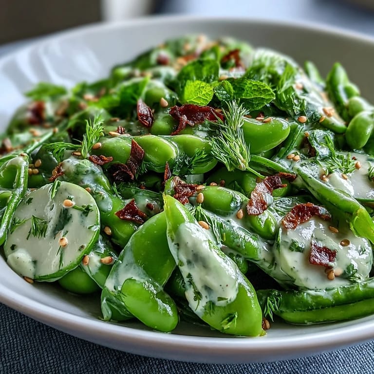 Refreshing snap pea and radish salad with herbs, creamy tahini dressing, and a hint of lemon zest.