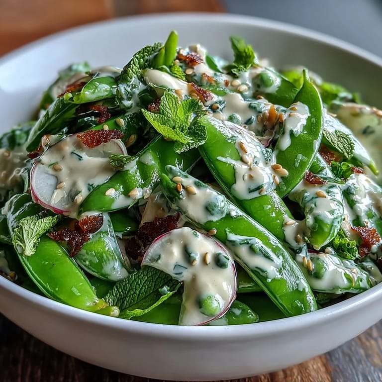Vibrant spring salad featuring snap peas, radishes, mint, and parsley tossed in lemon-tahini dressing.  