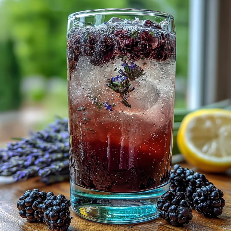 Bubbly blackberry lavender lemonade fizz served over ice, garnished with edible lavender and juicy blackberries for a floral twist.