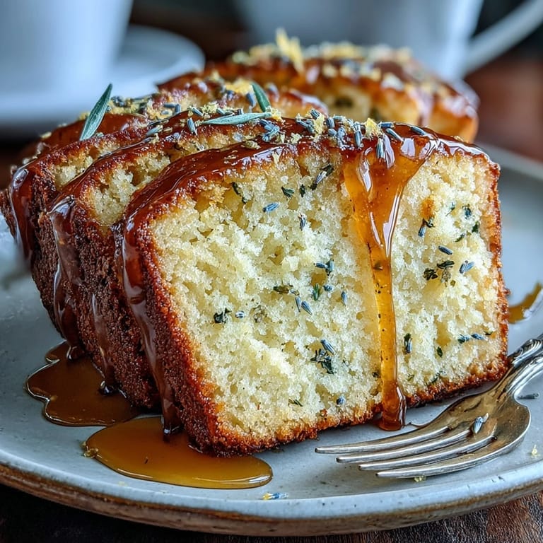 Slices of moist lemon lavender loaf cake with a shimmering honey glaze, perfect for afternoon tea or dessert.  