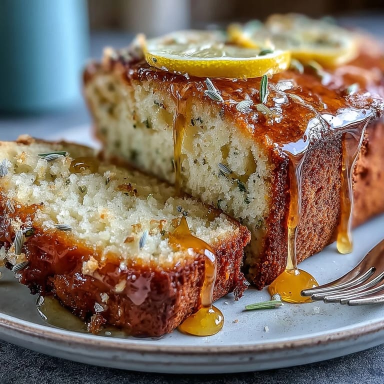 Fragrant lemon lavender loaf cake topped with a sweet honey glaze, offering a delicate floral and citrus flavor.