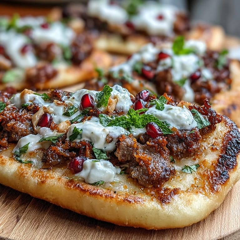 Crispy flatbread layered with fragrant lamb, cooling yogurt, and vibrant pomegranate, perfect for a quick yet impressive dinner or appetizer.