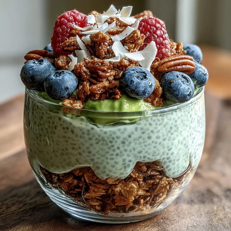 Delectable fiber-rich avocado chia pudding parfait topped with crunchy granola and coconut.