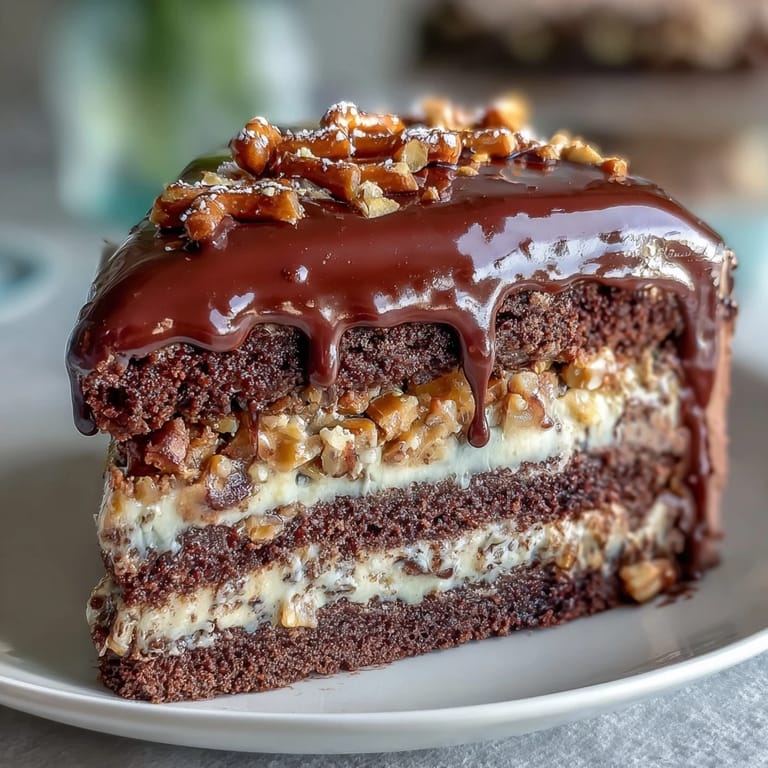 Moist chocolate layers filled with peanut butter, topped with crunchy pretzels.