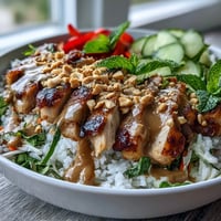 A vibrant Rice Paper Roll Bowl with silky rice paper shards, crisp vegetables, and creamy peanut sauce drizzled over the top.