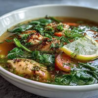 Bright bowl of One-Pot Chicken and Veggie Detox Soup with lemon, herbs, and fresh vegetables in clear broth.  