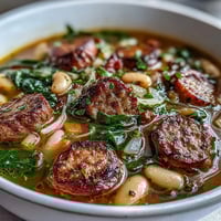 Hearty Tuscan white bean soup with Italian sausage, fresh vegetables, and aromatic herbs in a rich, savory broth.  