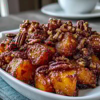A golden casserole of candied yams topped with a buttery pecan streusel, perfect for holiday gatherings.  