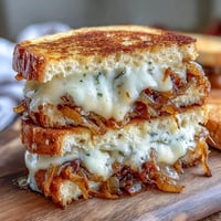 Golden sourdough grilled cheese with caramelized onions and Gruyere, served hot with melted cheese oozing from golden, buttery bread.
