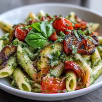 Roasted veggie and pesto pasta with cherry tomatoes, tossed in a creamy basil sauce.  