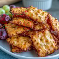 Vibrant picnic snack box with homemade sourdough Cheez-Its and sweet red grapes, perfect for outdoor gatherings.  
