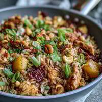 Colorful Hawaiian pineapple chicken fried rice with tender chicken, sweet pineapple, and fresh vegetables in a savory soy sauce.  