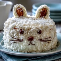 Festive Easter Bunny Cake with Coconut Frosting, featuring fluffy vanilla layers and a whimsical bunny shape.