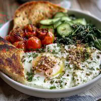 Creamy cottage cheese breakfast bowl topped with fresh veggies, herbs, and a drizzle of olive oil for a vibrant, protein-rich start to your day.