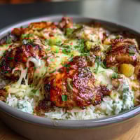 Baked pineapple chicken and rice casserole with golden melted cheese topping, savory and sweet flavors in every bite.