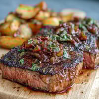 Garlic Butter Steak Bites and Potatoes sizzling in a cast-iron skillet with golden potatoes and fresh herbs.